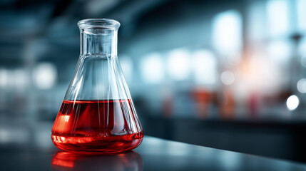 Single Erlenmeyer flask filled with red liquid in laboratory setting, chemistry experiment visualization, scientific research apparatus, colored solution display, lab testing equipment, with
