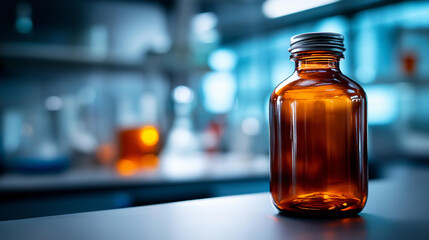 Formaldehyde in brown bottle in lab with blurred background, chemical preservative storage, hazardous material container, laboratory chemical supply, defocused research facility, with copy space