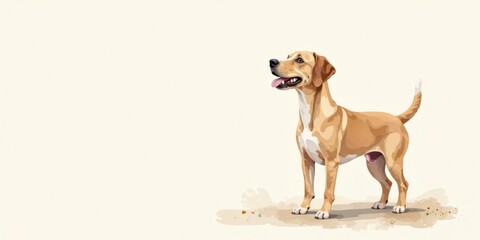 A light brown dog stands alert, tongue slightly out, gazing intently into the distance against a muted background