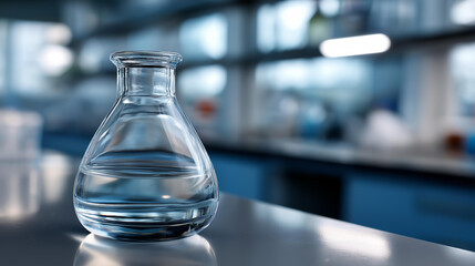 Glass flask on laboratory surface, scientific equipment display, chemistry research apparatus, experimental glassware, lab testing vessel, research facility tool, with copy space