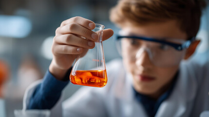 Faceless serious boy holding flask with chemical liquid, youth science education, student laboratory work, young researcher, chemistry learning activity, defocused young person, with copy space