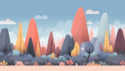 A stylized landscape features whimsical mountains, trees, clouds, and bushes. Pastel colors dominate