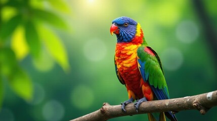 Vibrant Rainbow Lorikeet Perched on a Branch in Lush Greenery
