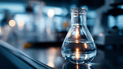 Glass flask on laboratory surface, scientific equipment display, chemistry research apparatus, experimental glassware, lab testing vessel, research facility tool, with copy space