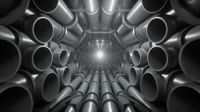 Low-angle shot of numerous metallic pipes converging towards a bright light source in a dark industrial setting with a sense of depth and perspective.