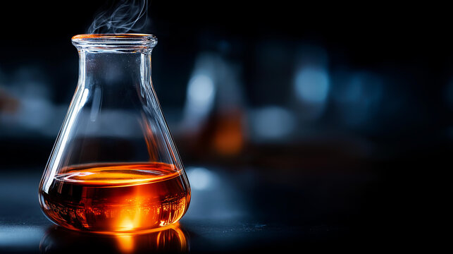 Bromine in flask visualization, laboratory flask filled with reddish-brown bromine liquid with vapor rising and detailed reflections on glass surface, halogen element display, with copy space