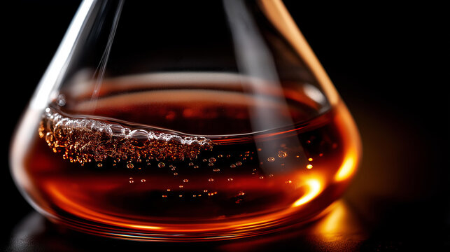 Bromine in flask visualization, laboratory flask filled with reddish-brown bromine liquid with vapor rising and detailed reflections on glass surface, halogen element display, with copy space