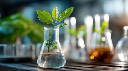 Single green plant sprout in glass flask surrounded by other beakers in lab setting, botanical laboratory research, plant tissue culture, seedling experiment, with copy space