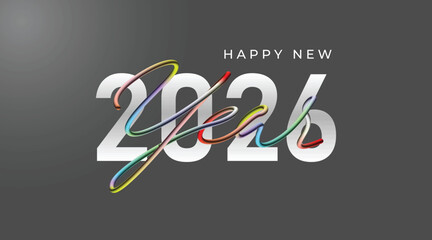 A bold New Year greeting featuring the white 2026 numerals interwoven with a vibrant ribbon, set against a dark gray gradient. Modern, festive, and ideal for holiday cards and stock projects. © Domestock