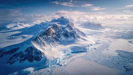 Naklejka premium Aerial shot of a vast, icy mountain range under a bright, cloudy sky