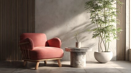 Minimalist Japandi Style Interior with Red Chair and Green Plant