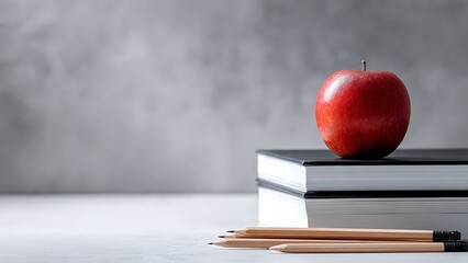Red Apple Stacked on Black Books with Pencils in a Minimalist Setting