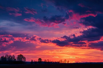 Fototapeta premium A vibrant, dramatic sunset paints the sky with fiery hues over a silhouetted treeline