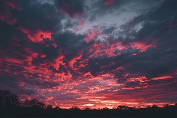 Fototapeta premium A dramatic sky ablaze with crimson hues after sunset over a dark silhouetted treeline