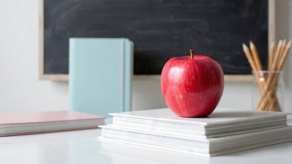 Red Apple Positioned on a Stack of Books in Educational Environment