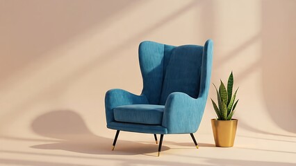 Modern 3D Interior Furniture Asset with Stylish Blue Chair and Plant