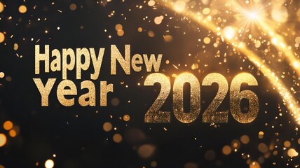 gold glitter arc around metallic happy new year 2026 text on dark luxury background with sparkling particles