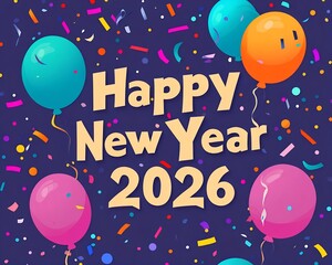 happy new year 2026 vector illustration with colorful confetti and balloons 