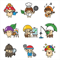 Fototapeta premium Whimsical mushroom characters in various fun activities