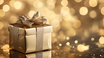 luxury gift box with ribbon on reflective golden surface.