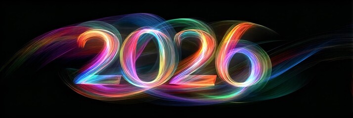 glowing 2026 with rainbow light streaks on dark background. modern festive digital art illustration