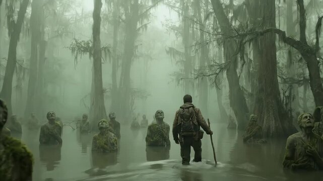 Man walking through misty swamp with emerging stone statues. Dark fantasy adventure in haunted forest wetlands. Eerie figures rising from foggy waters in mystical journey.