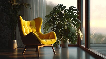Bright and Sophisticated 3D Interior Scene with Cozy Yellow Armchair