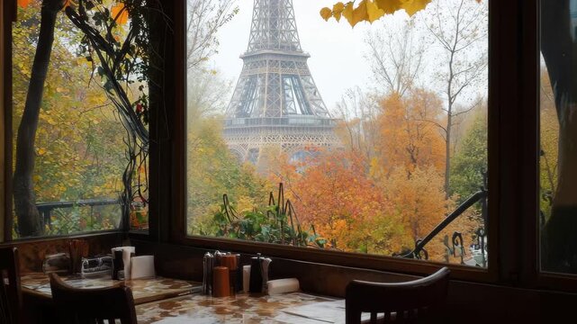 Cozy Dining Experience With Autumn Views of the Eiffel Tower Through a Window in Paris