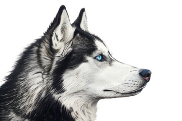 Siberian husky in side profile view looking to the side. Realistic dog silhouette isolated on transparent background for design compositions.