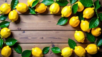 A vibrant border of fresh lemons with lush green leaves arranged on a rustic wooden surface, creating a captivating and zesty display.
