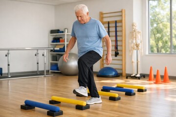 Fototapeta premium Older adult man exercising on colored balance beams in a rehabilitation center.