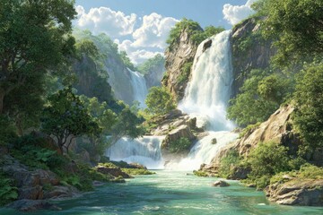Fototapeta premium Serene depiction of a lush tropical rainforest and cascading waterfalls. Water flows into a serene river