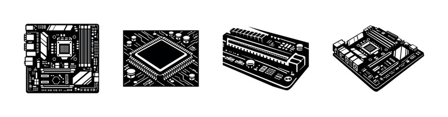Computer motherboard components, flat vector illustration, circuit board design
