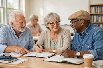 Three older adults share a joyful moment during a study session, showcasing collaboration and lifelong learning.