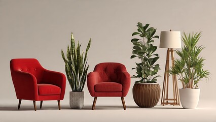 Red Chairs with Indoor Plants in Modern Home Interior Rendering Scene
