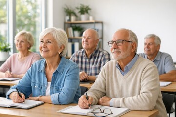 A group of older adults sitting in a classroom, attentively listening and taking notes during a lecture.