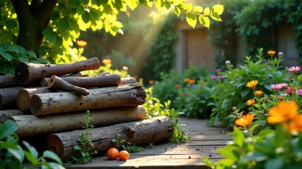 Serene garden path scene with sunlit wooden logs and vibrant wildflowers