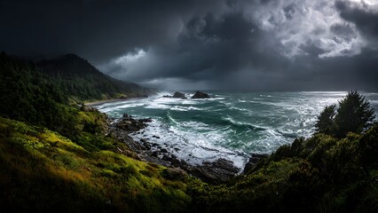 Fototapeta premium Dramatic Panorama of Stormy Clouds Over Rugged Coastal Landscape