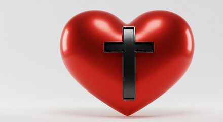 Obraz premium Ein gl�nzendes rotes Herz umgibt ein dunkles Kreuz im sanften Licht f�r Glaube und Liebe. AI Generated