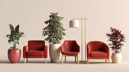 Elegant Modern Furniture Set with Plants and Light in Neutral Background