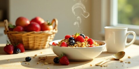 A sunlit breakfast bowl brimming with cereal, fresh berries, and sliced fruit, accompanied by a basket of additional fruit and a steaming mug