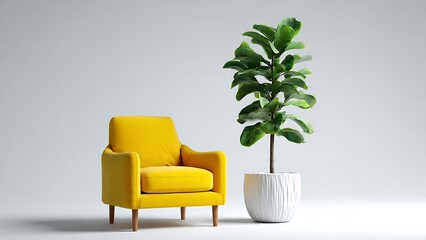 Modern Vibrant Yellow Chair and Green Plant in Minimalist Interior Setting