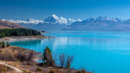 Stunning Blue Landscape View of Pukaki Lake with Snow-Capped Mountains