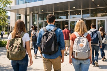 Obraz premium Three young adults with backpacks walk towards their university campus, symbolizing new beginnings and shared experiences.