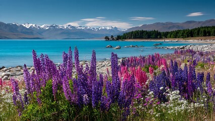Stunning Panoramic Landscape of Lake Tekapo with Colorful Lupins