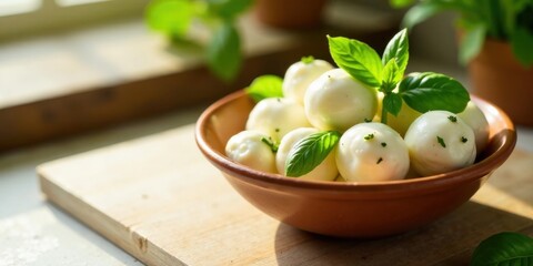 Sunlit bowl of fresh mozzarella balls and basil leaves, a culinary delight