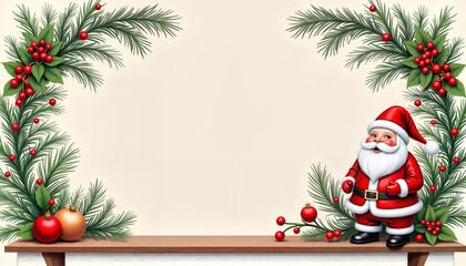 Santa figurine standing on a shelf with festive decorations  