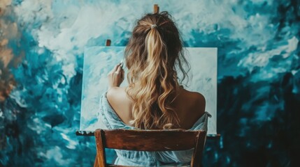 The Artistic Soul: A Back View of Woman Painting on Canvas in Studio Setting