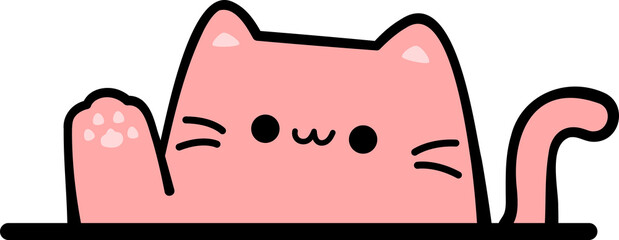 Funny cartoon cat waving paw, cute pink cat greeting hand drawn doodle for kids illustration