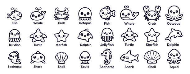Cute kawaii sea creatures icons collection flat design style vector © MDIKRAM